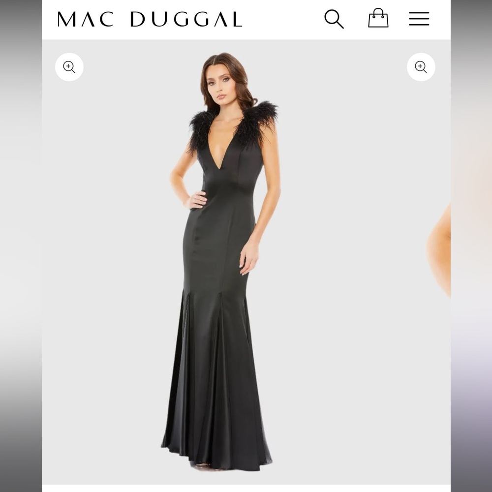 Mac Duggal Black Feather Shoulder V-neck Gown